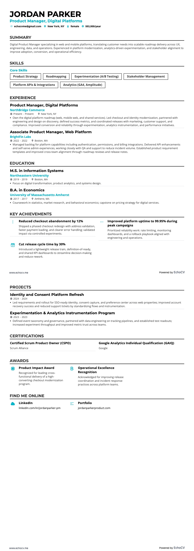 Product Manager, Digital Platforms example resume