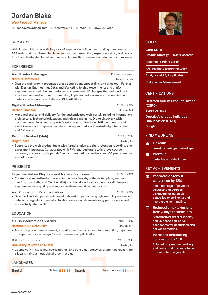 Web Product Manager example resume