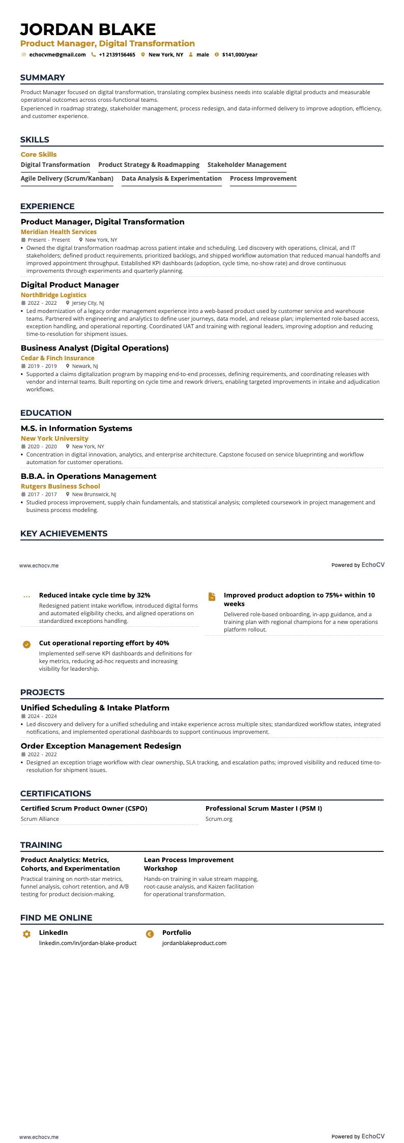 Product Manager, Digital Transformation example resume