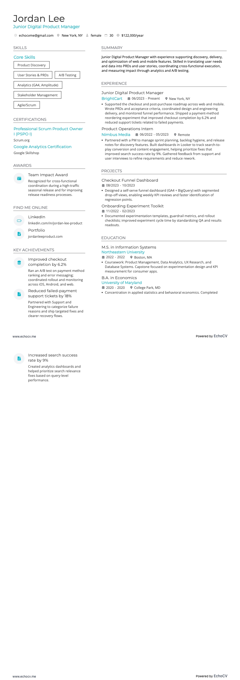 Junior Digital Product Manager example resume