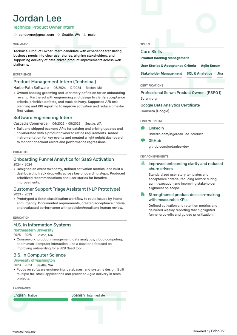 Technical Product Owner Intern example resume
