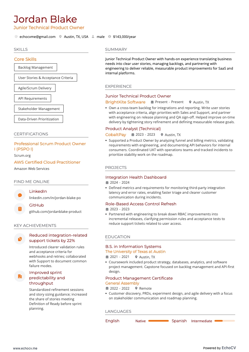 Junior Technical Product Owner full preview