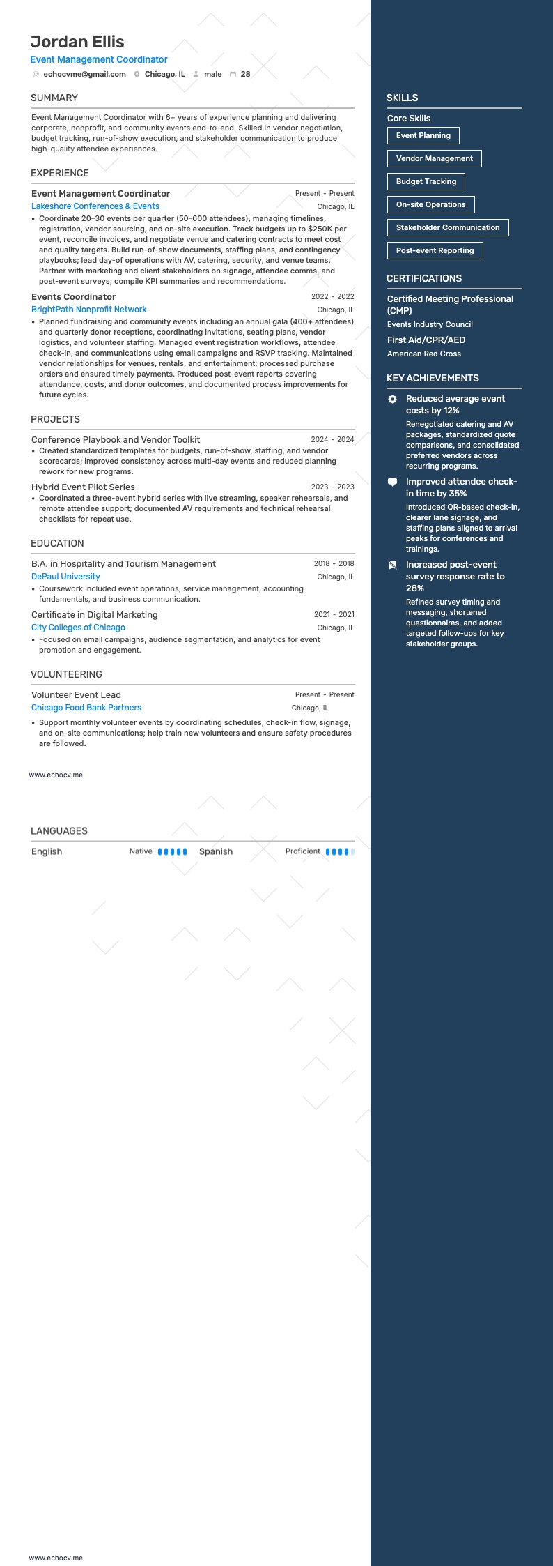 Event Management Coordinator example resume