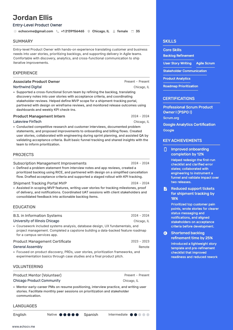 Entry-Level Product Owner example resume