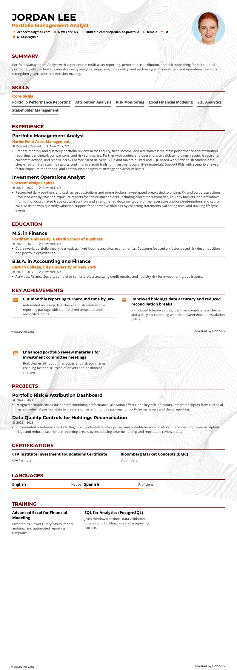 Portfolio Management Analyst example resume