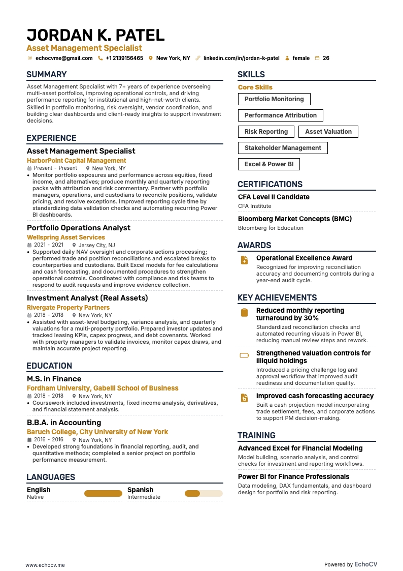 Asset Management Specialist example resume