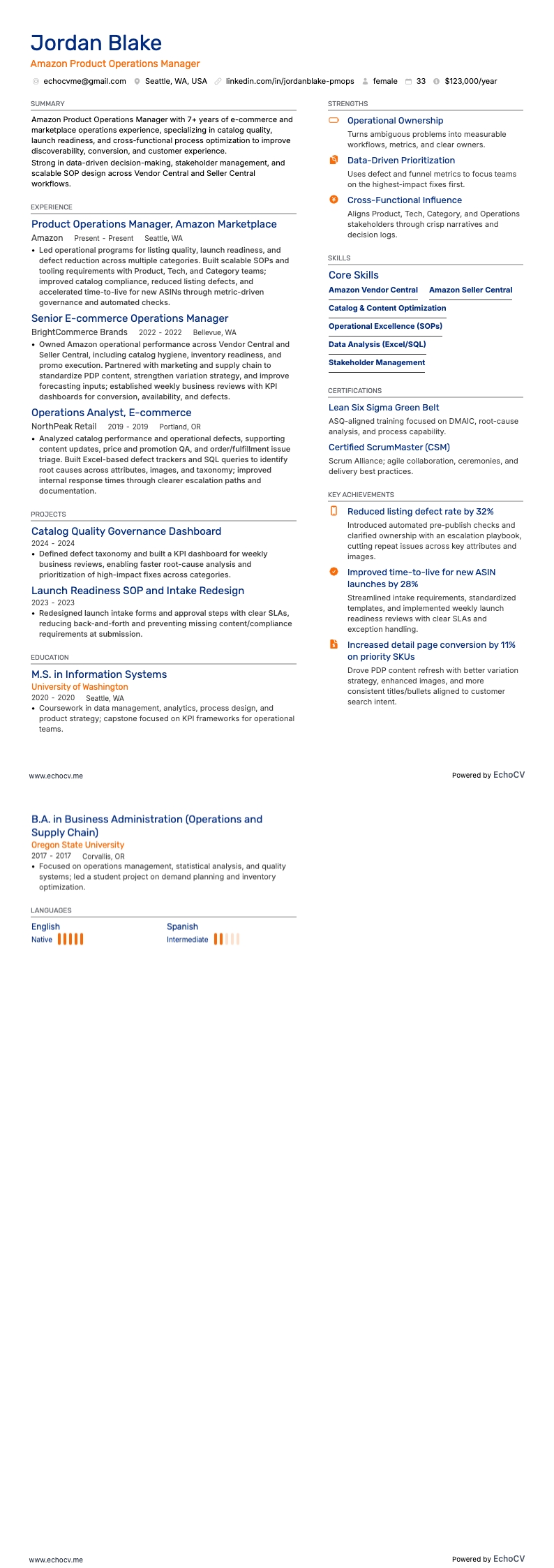 Quản lý vận hành sản phẩm Amazon resume example