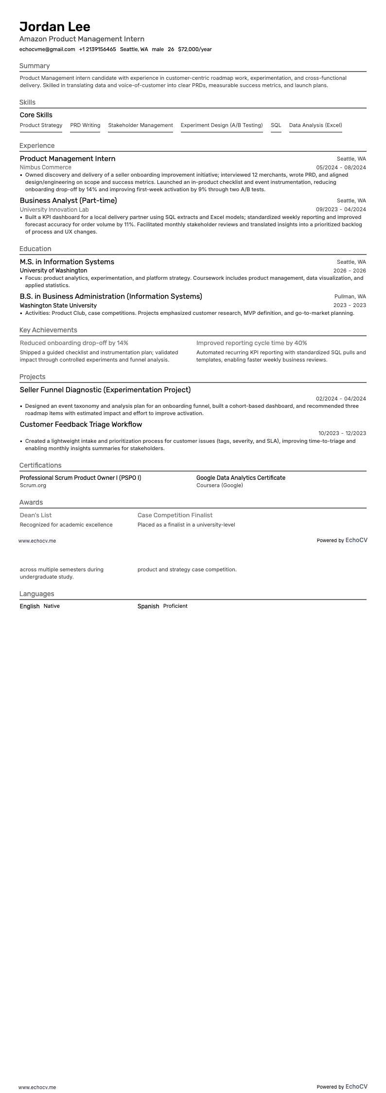 Thực tập sinh Quản lý Sản phẩm tại Amazon example resume