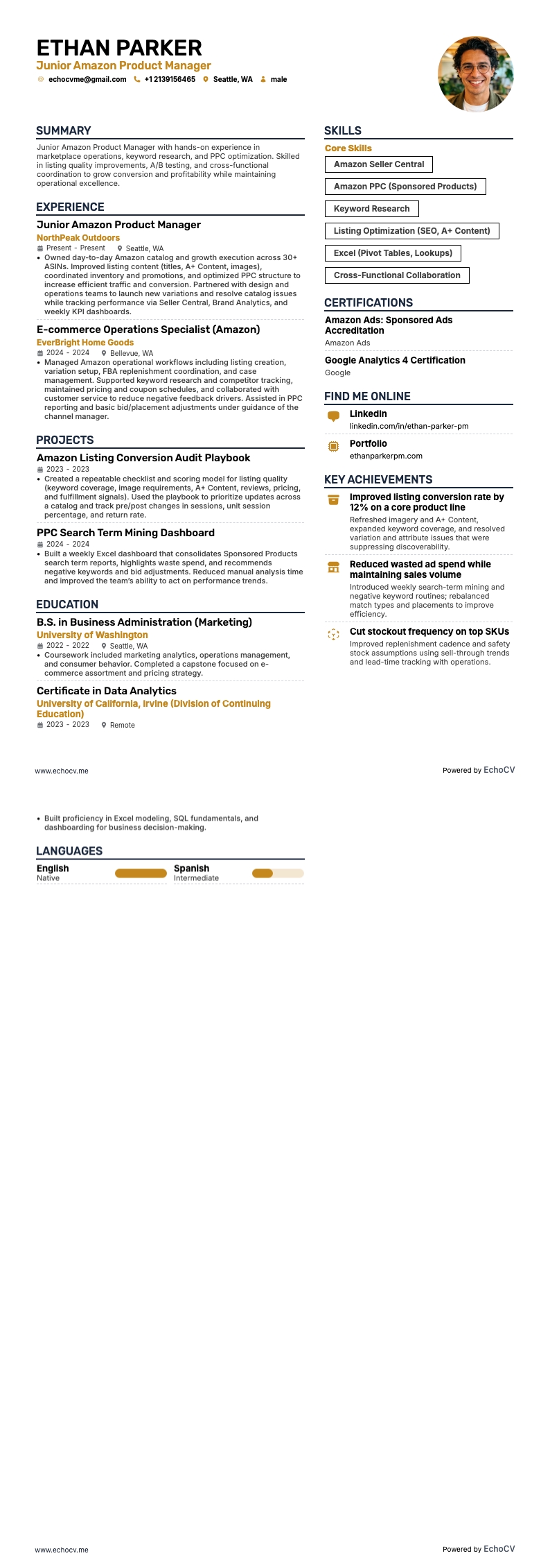 Xem trước đầy đủ Quản lý sản phẩm Amazon cấp junior