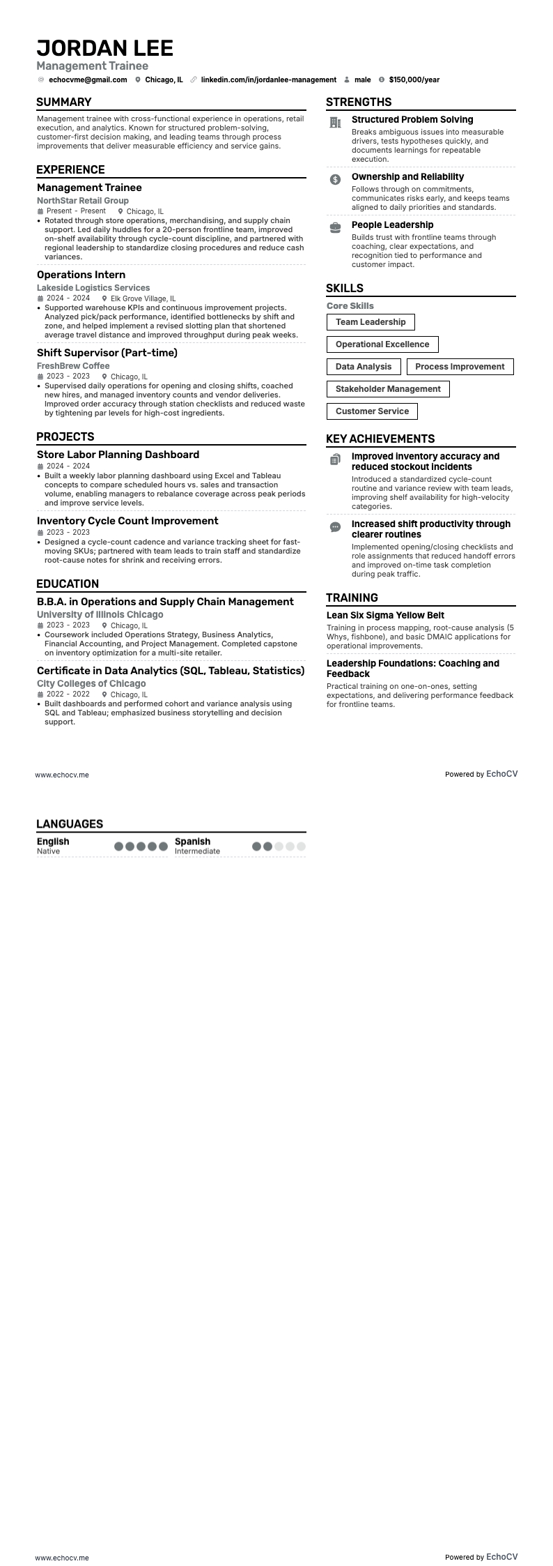 Management Trainee example resume