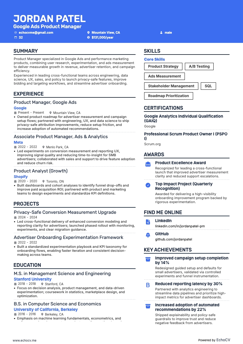 Google Ads Product Manager example resume