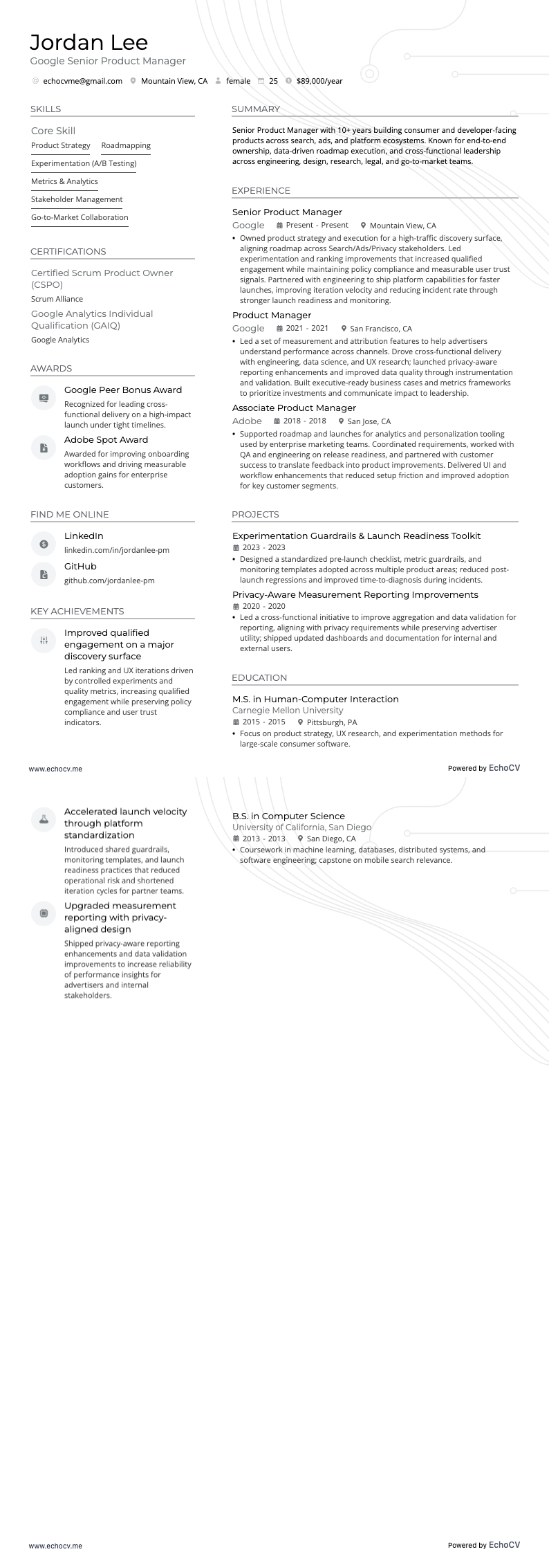 Google Senior Product Manager example resume