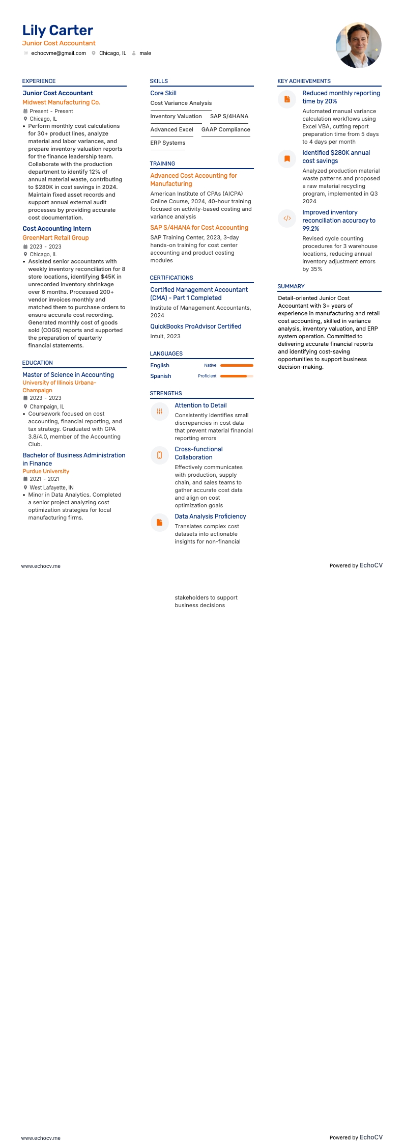 ジュニア原価会計担当 example resume