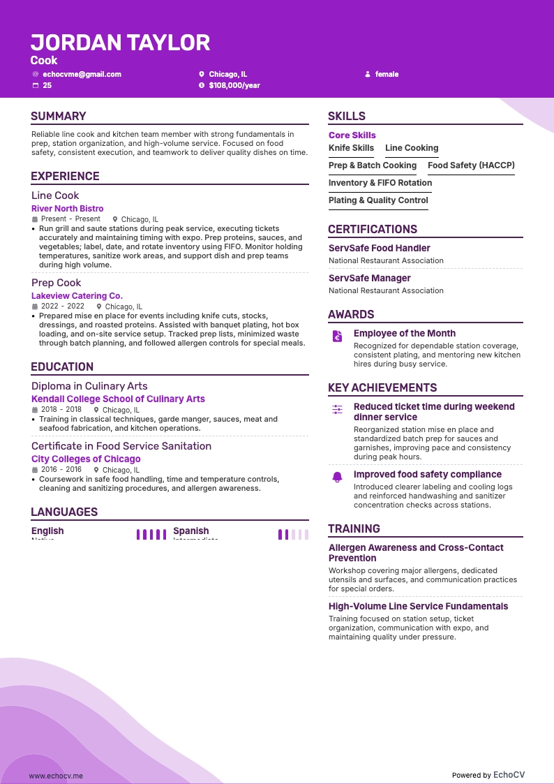 料理人 example resume