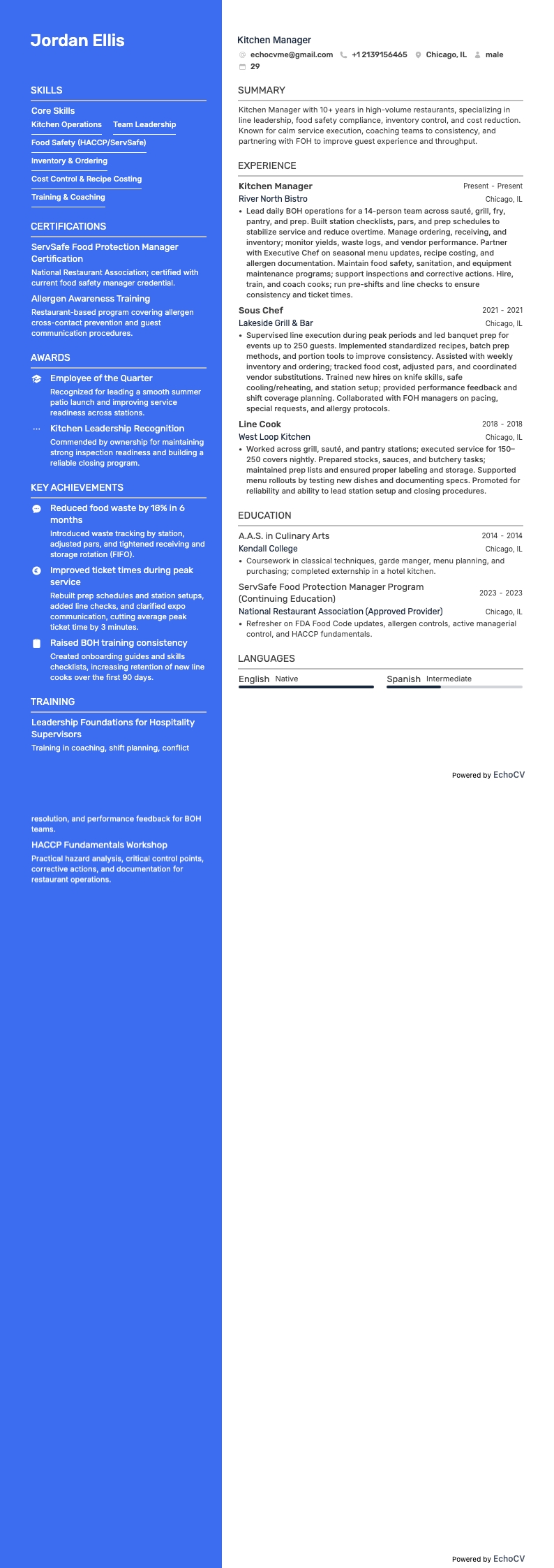 キッチンマネージャー example resume