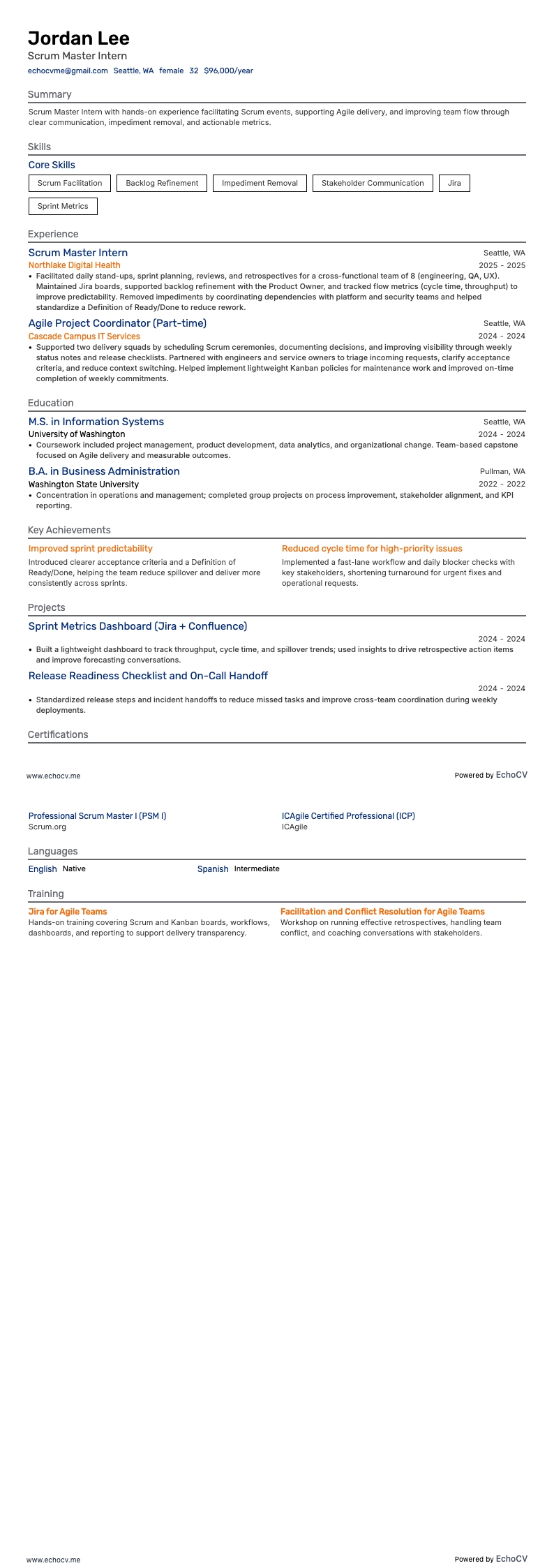 Scrum Master Intern example resume