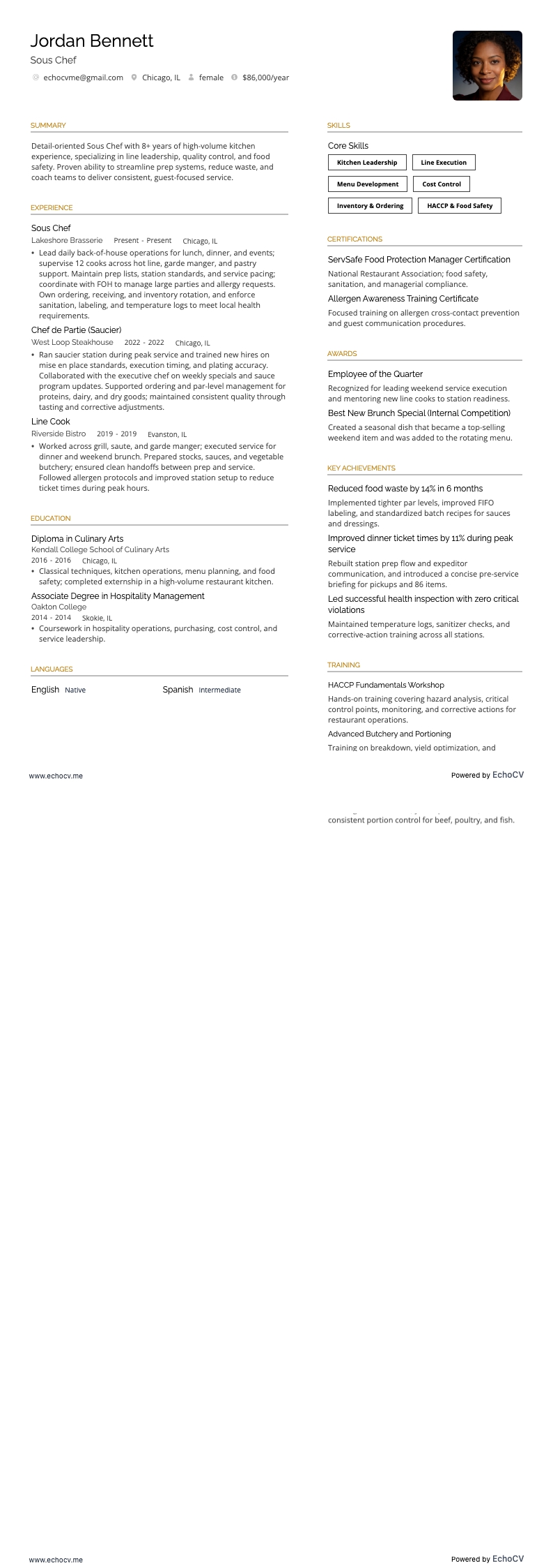 主廚 resume example