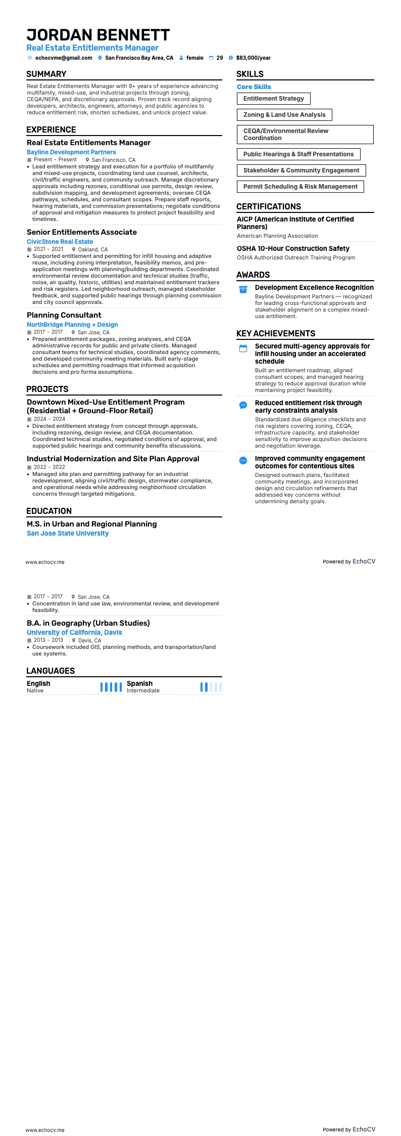 Gerente de licenciamento imobiliário example resume