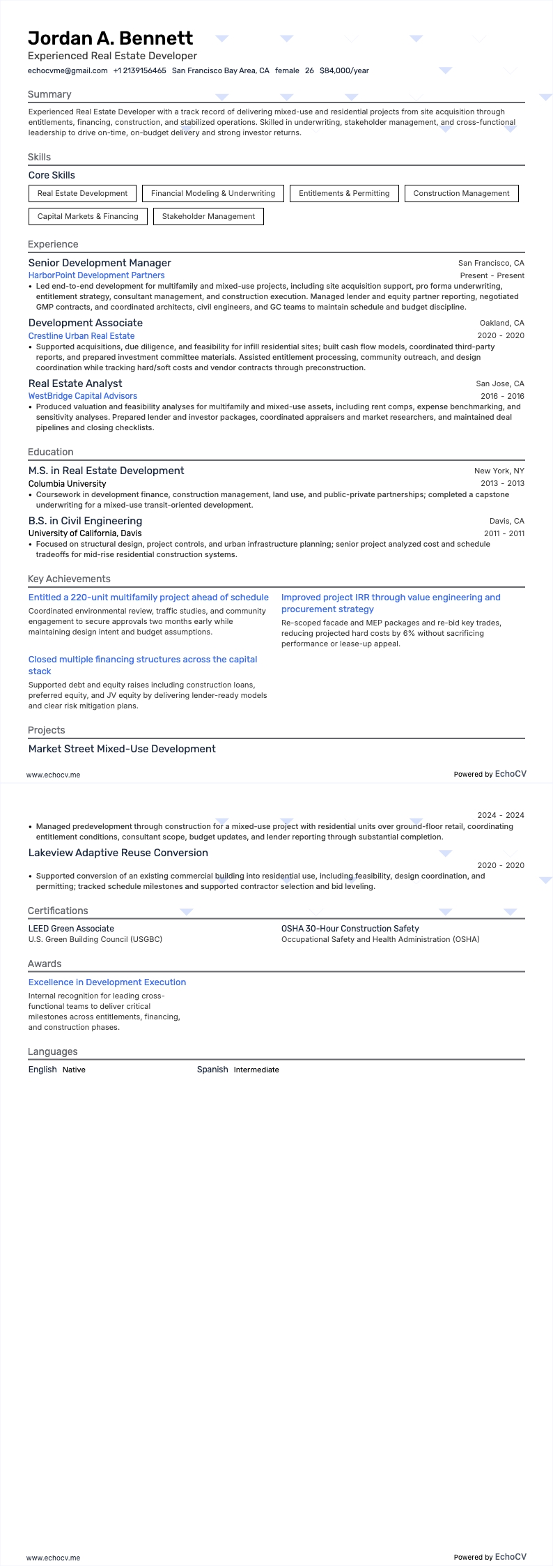 Fastighetsutvecklare resume example