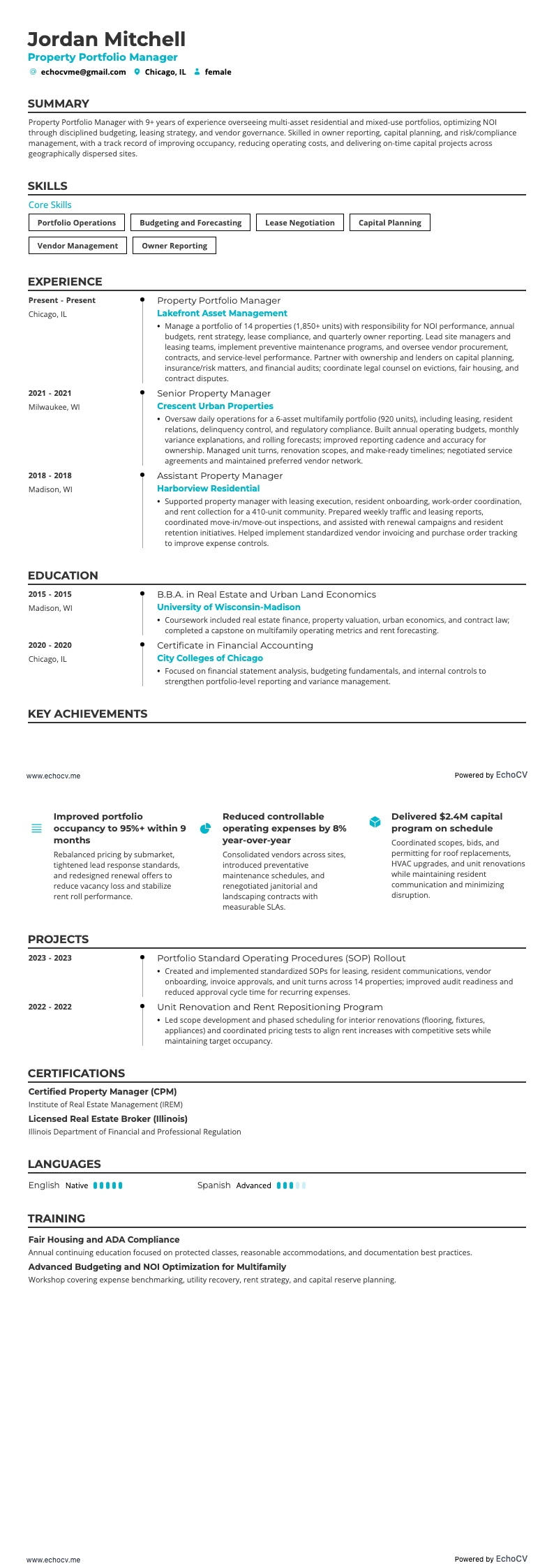 Vastgoedmanager resume example