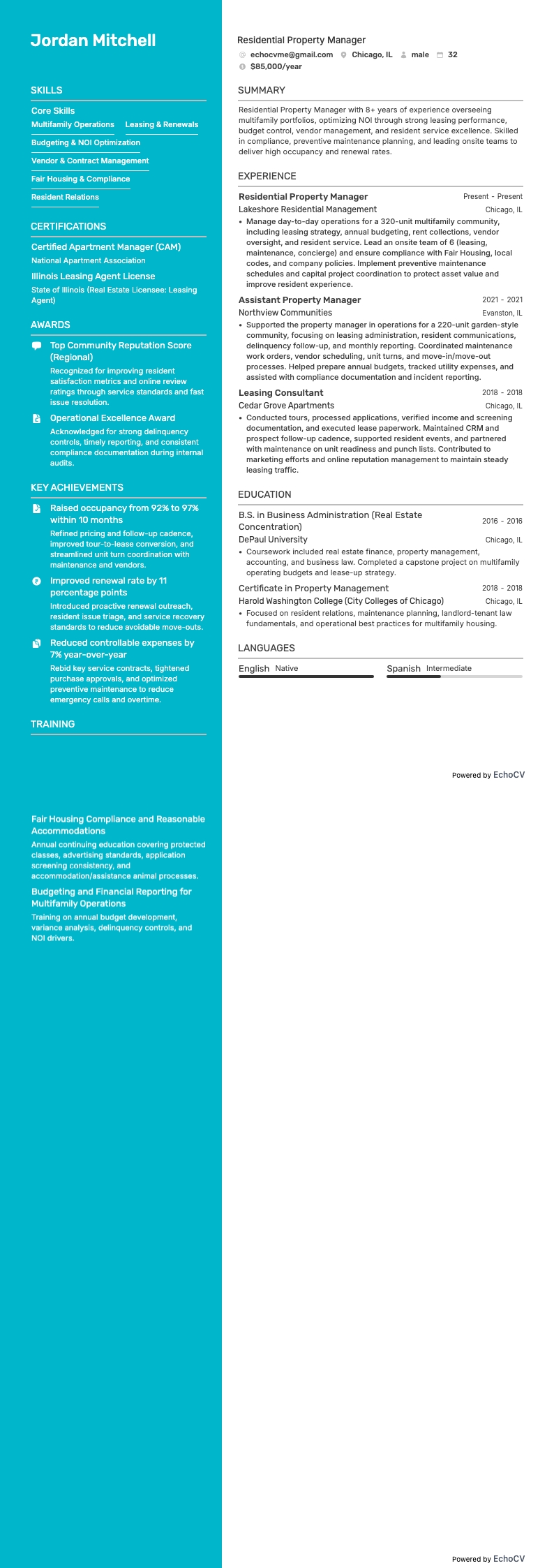 Gerente imobiliário resume example