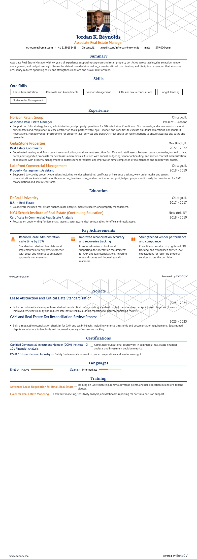 Responsabile associato immobiliare resume example
