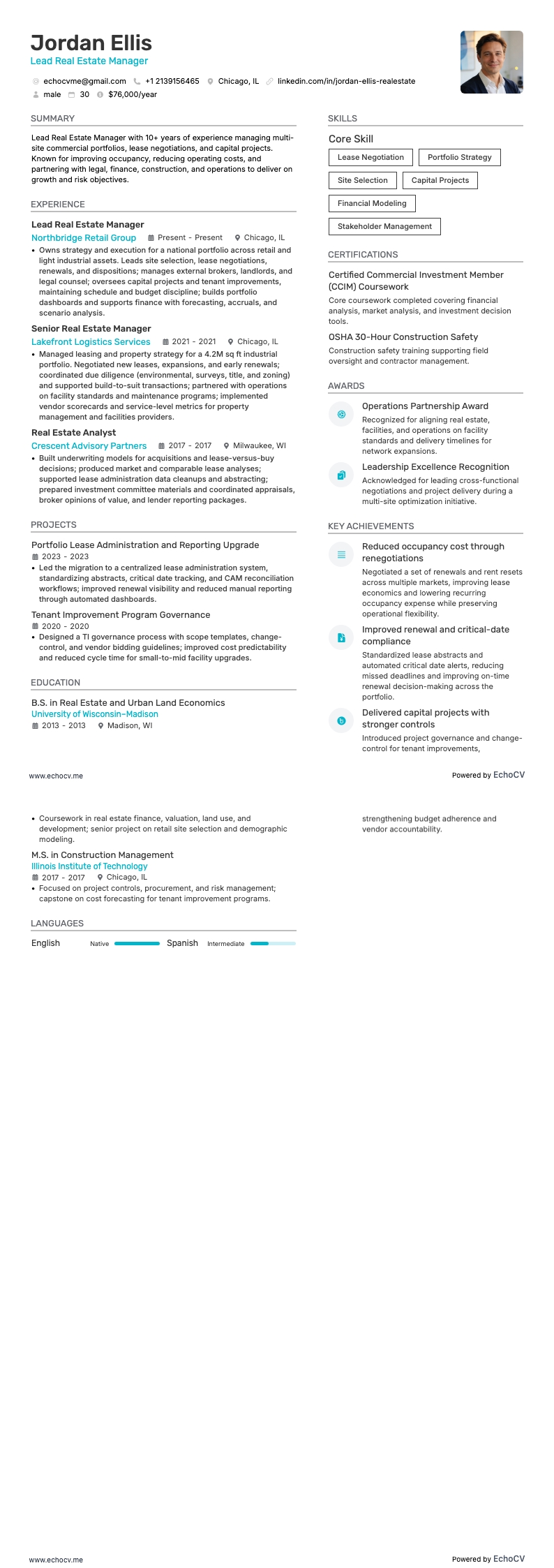 Fastighetschef resume example
