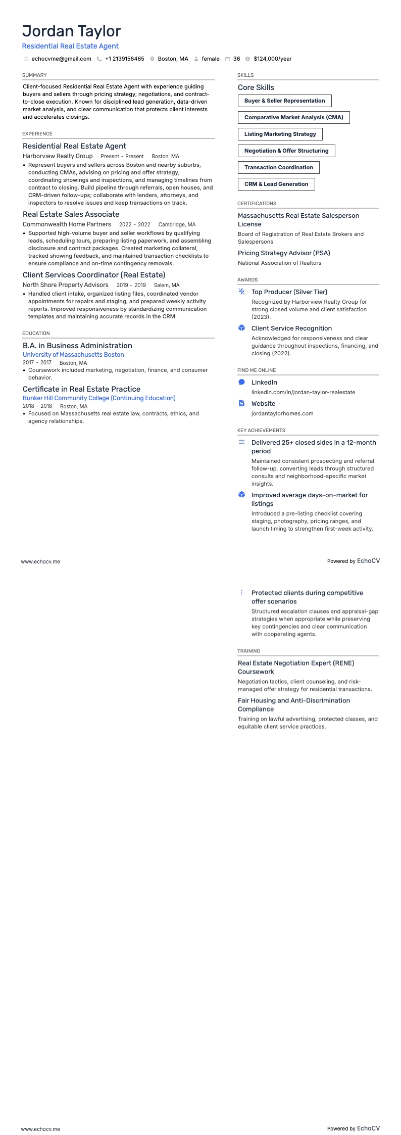 Nhân viên môi giới bất động sản nhà ở example resume