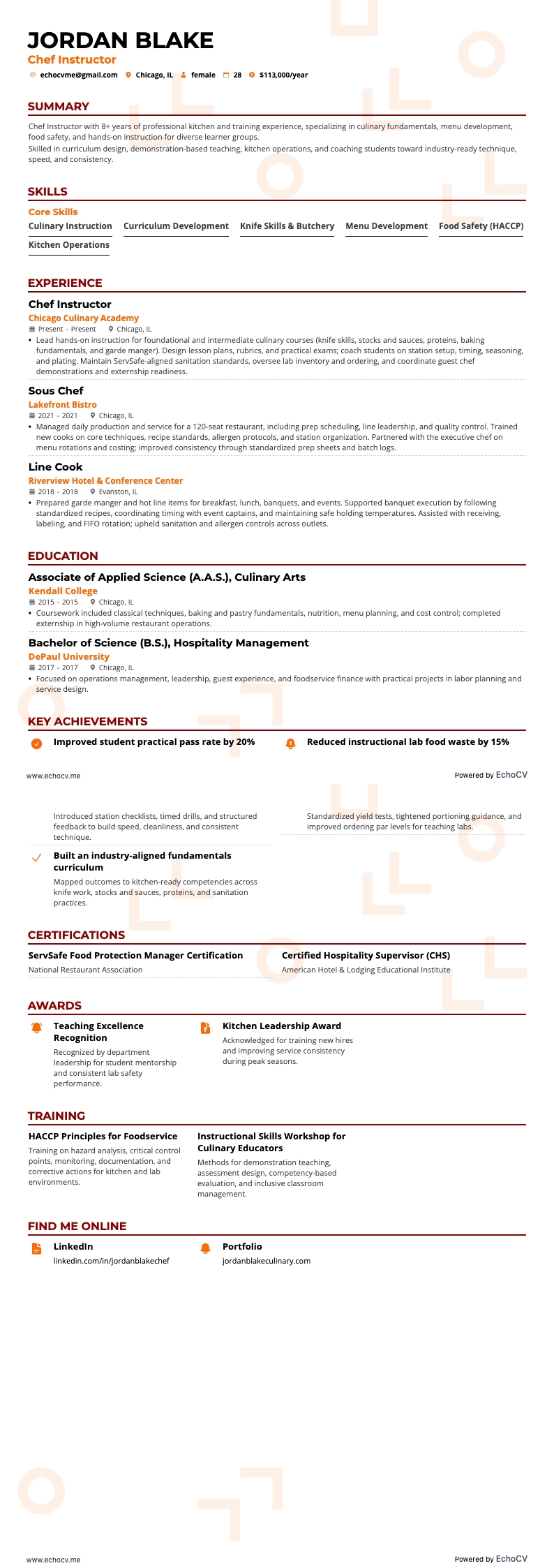 シェフ講師 example resume