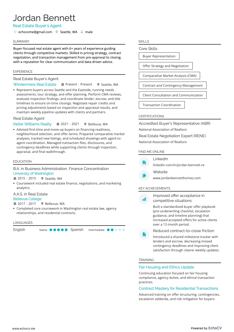 Môi giới bất động sản cho bên mua example resume