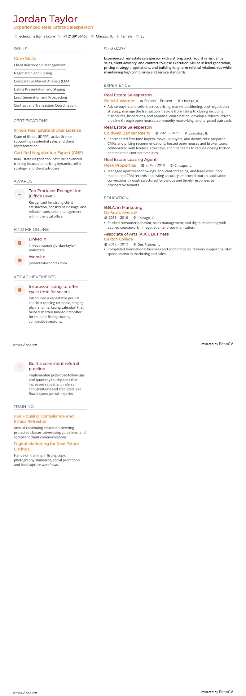 Agent commercial immobilier resume example