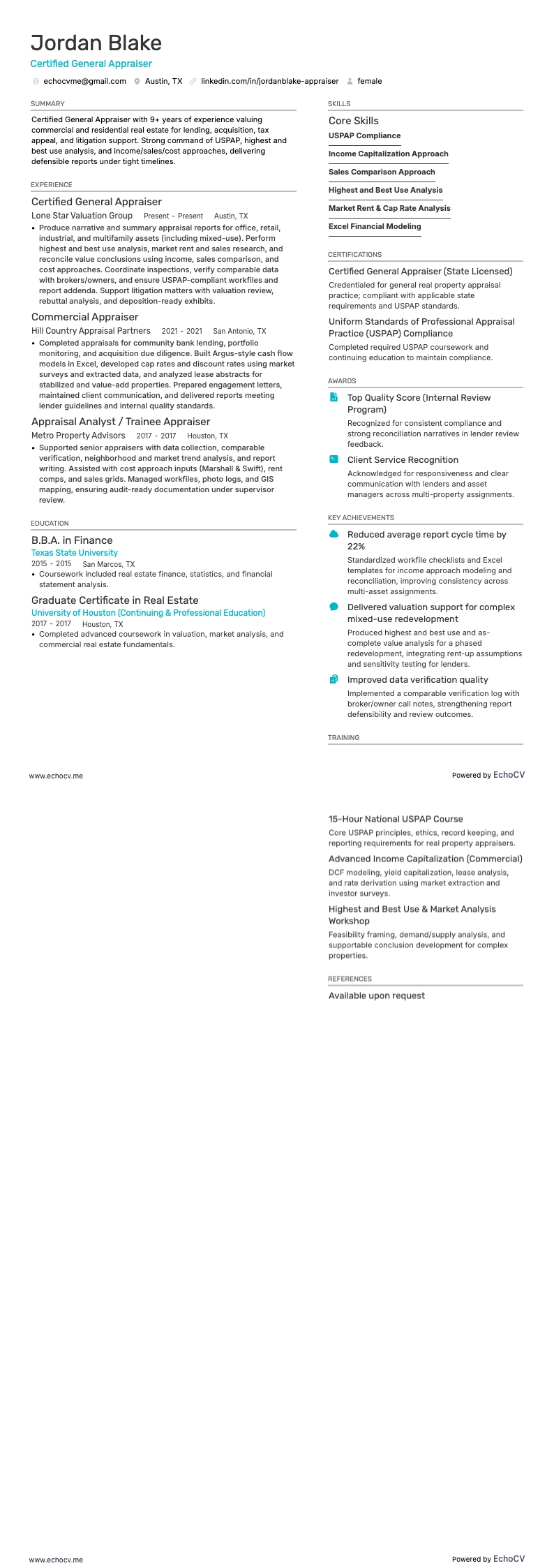 Certified General Appraiser example resume