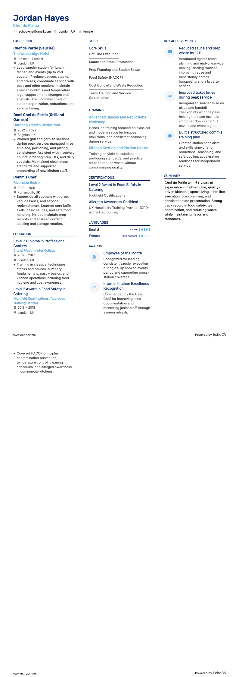 シェフ・ド・パルティ example resume