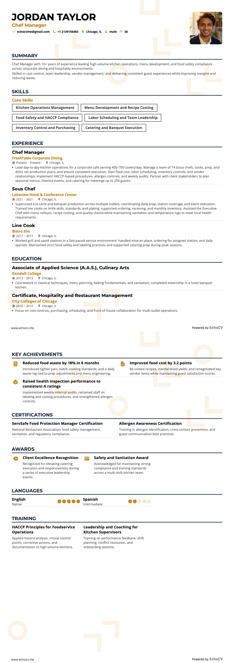 シェフマネージャー example resume