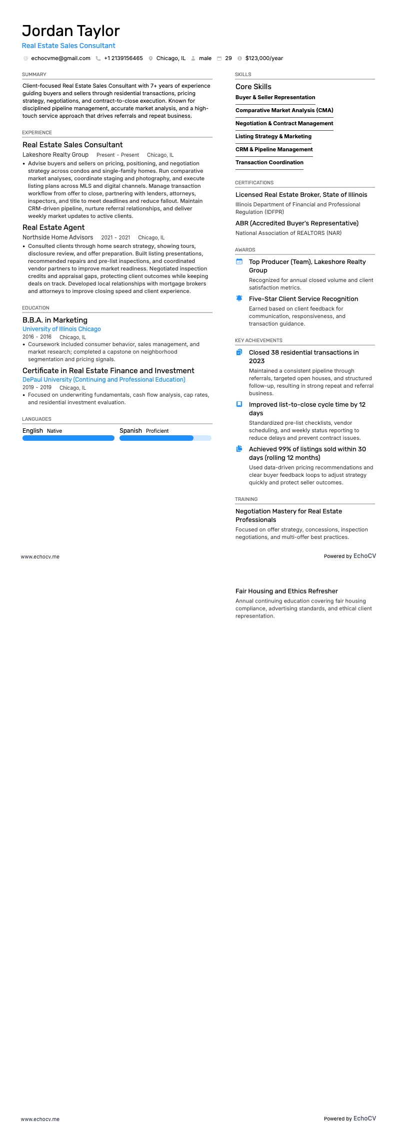 Nhân viên môi giới bất động sản resume example