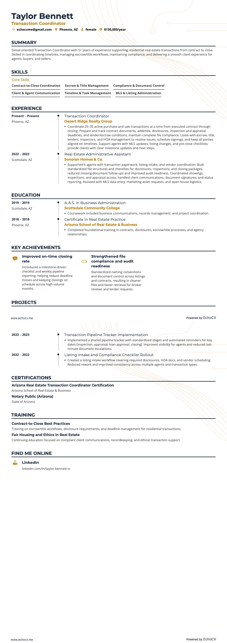 Assistente immobiliare resume example