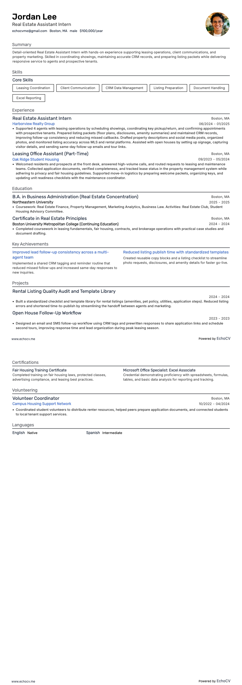 不動産アシスタント resume example