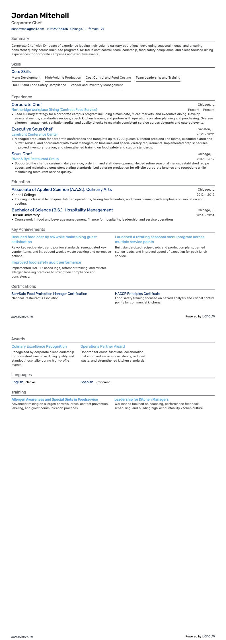 企業シェフ example resume