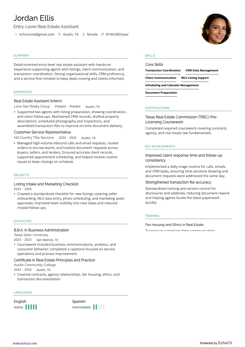 Real Estate Assistant resume example
