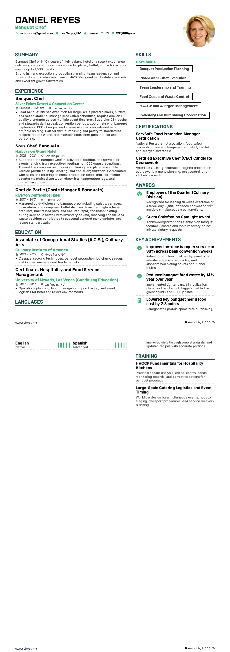 宴会シェフ example resume