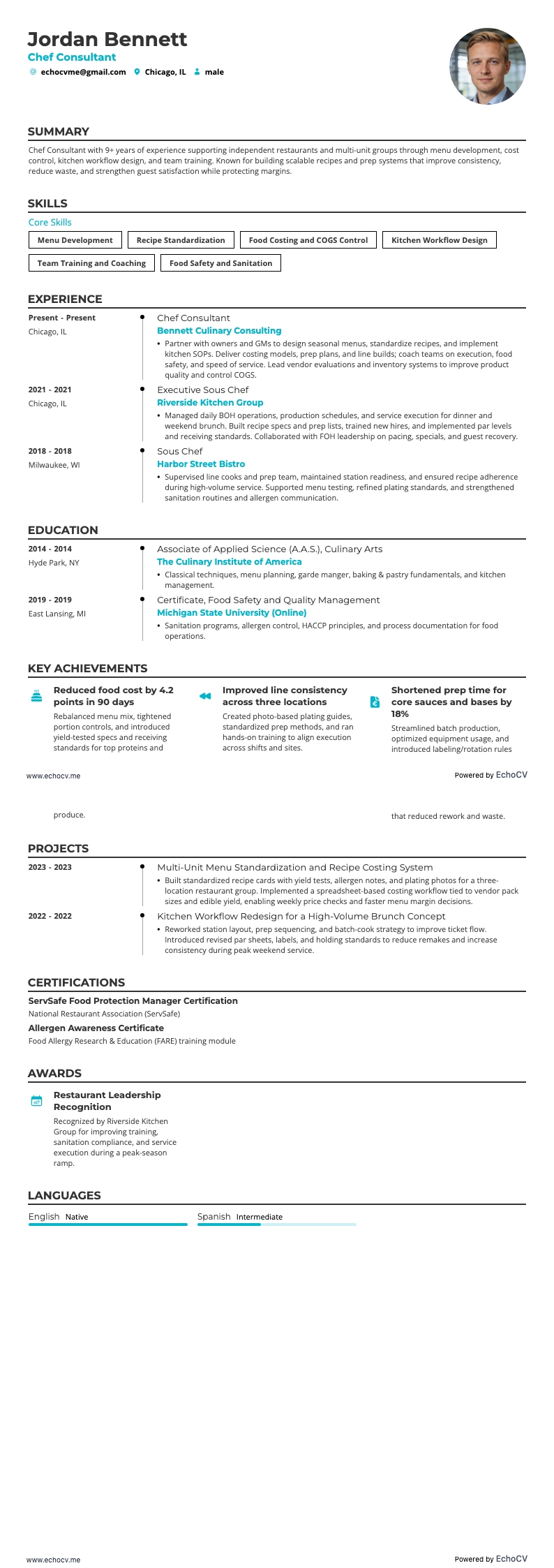 シェフコンサルタント example resume