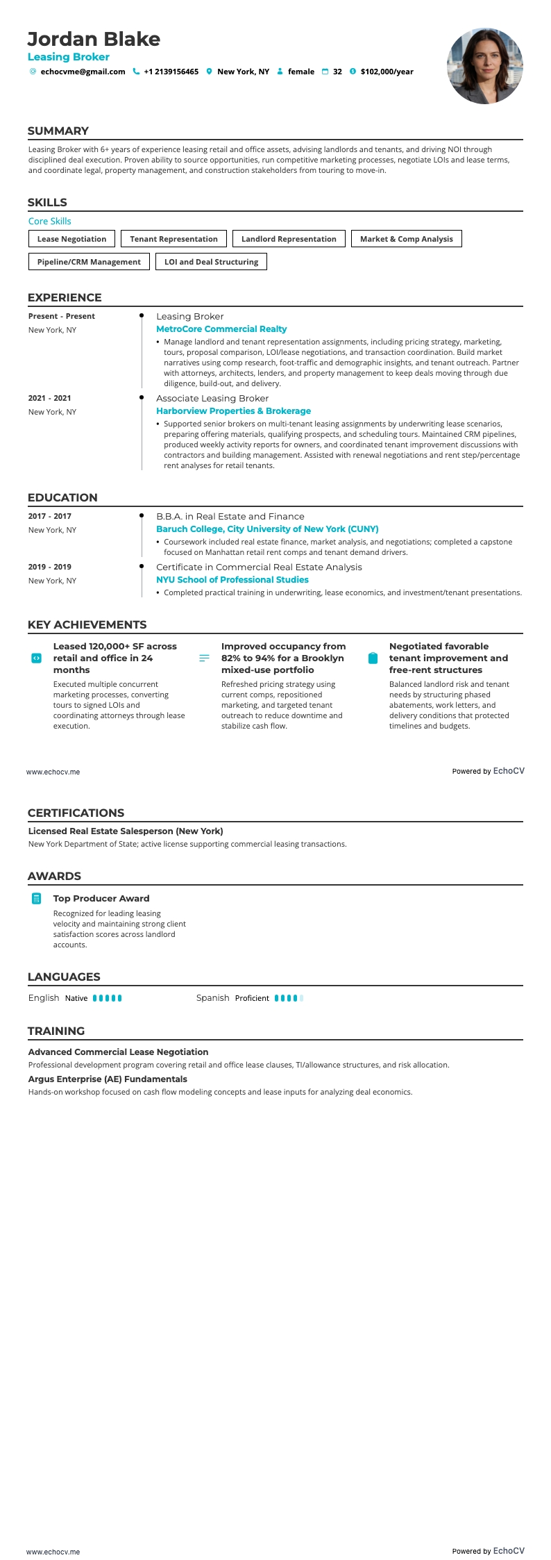 Leasing Broker example resume