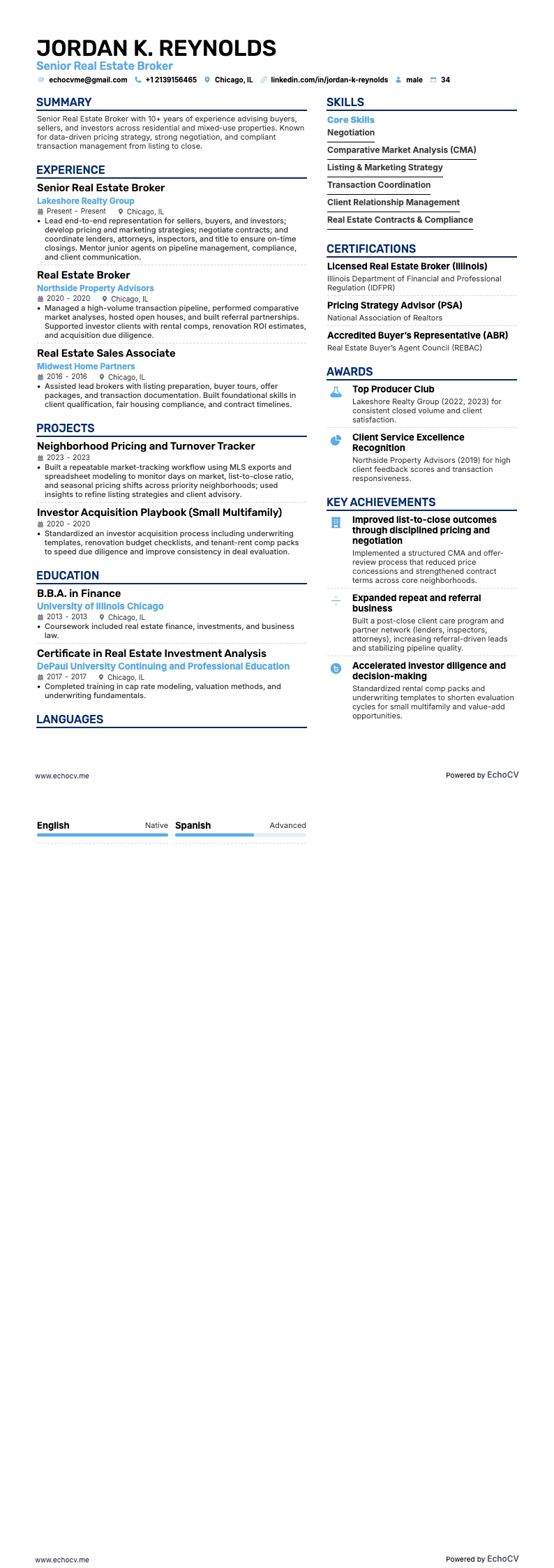 Senior Real Estate Broker example resume