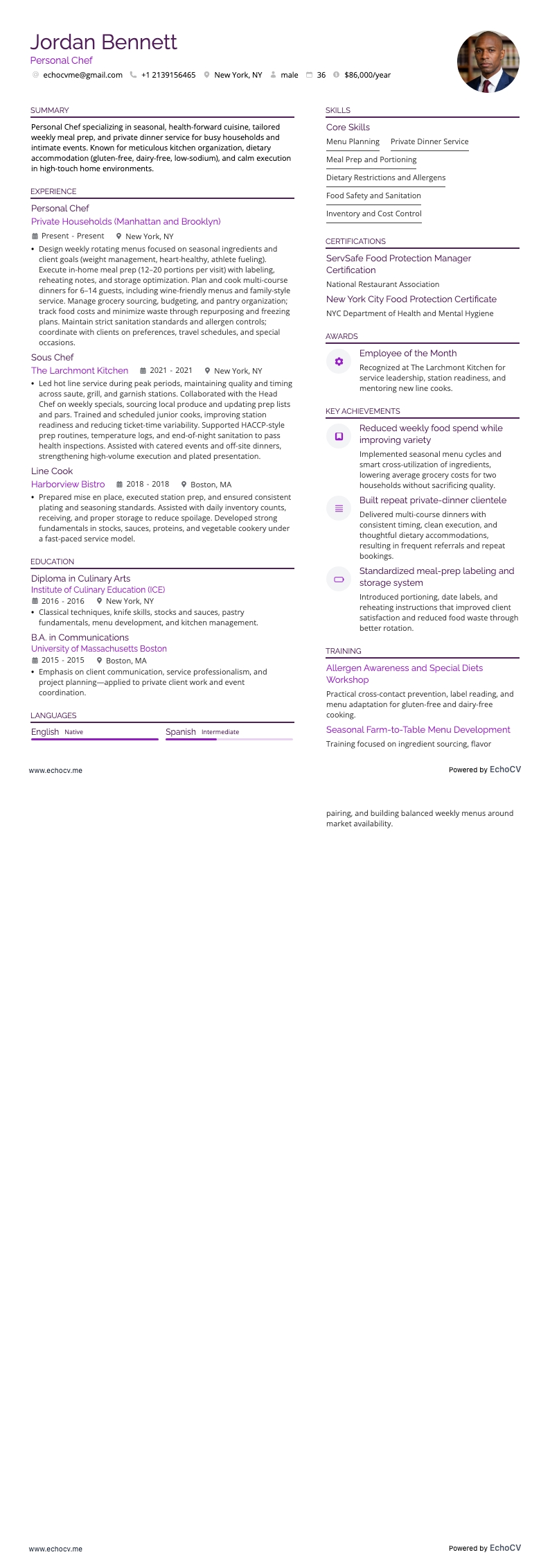 パーソナルシェフ example resume