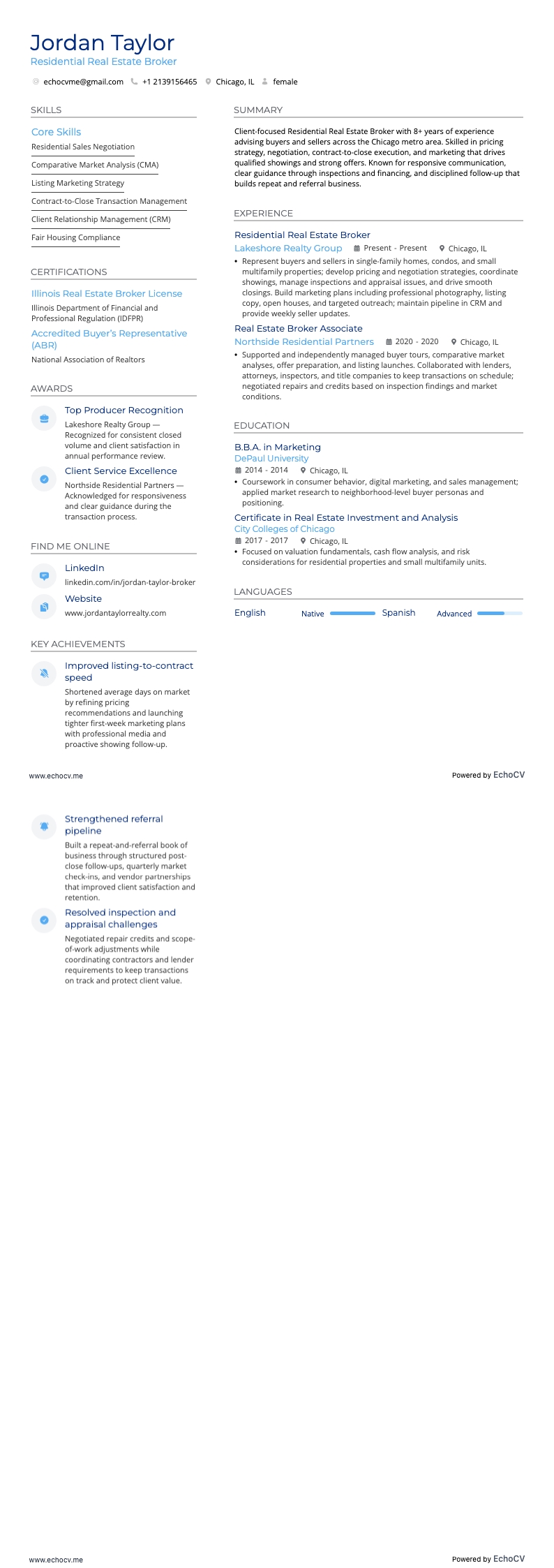 부동산 중개인 resume example