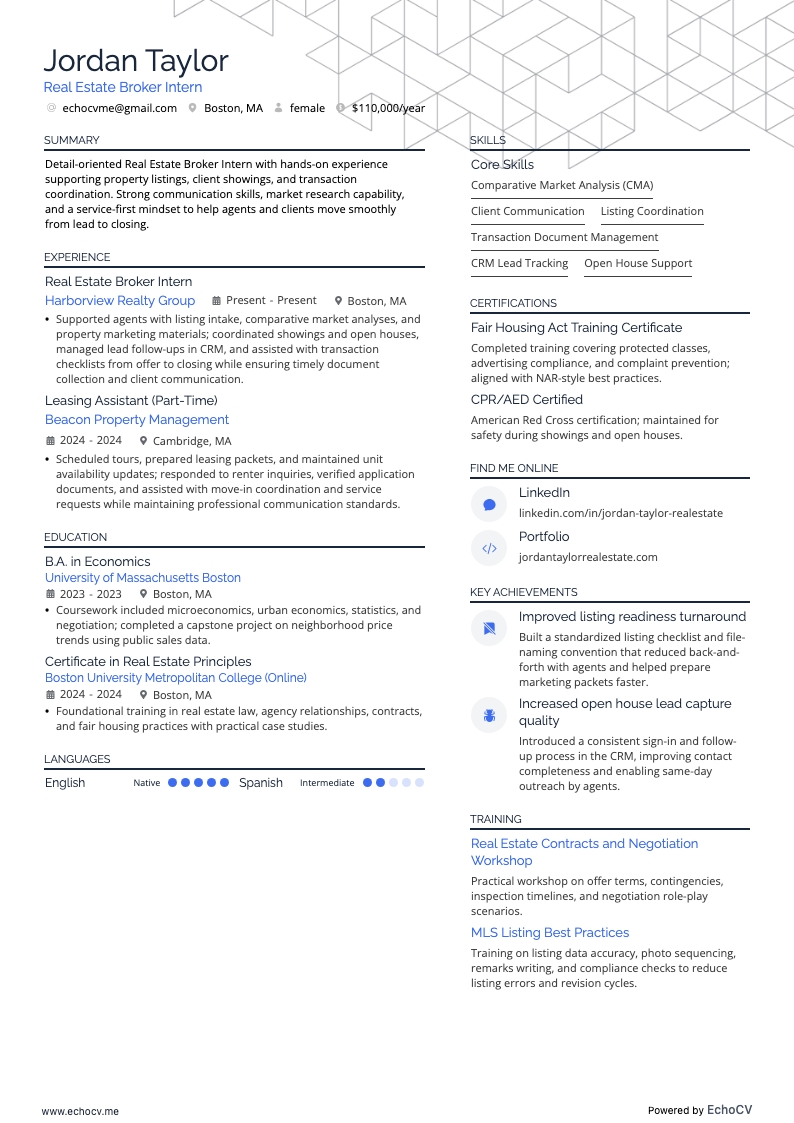 부동산 중개 인턴 example resume