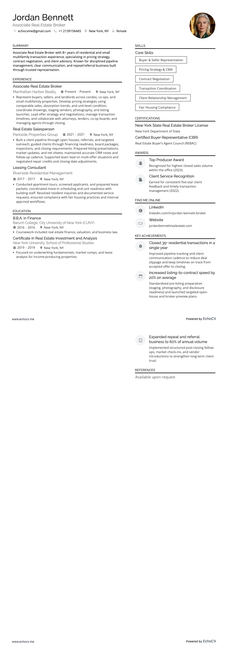 房地產經紀人 resume example