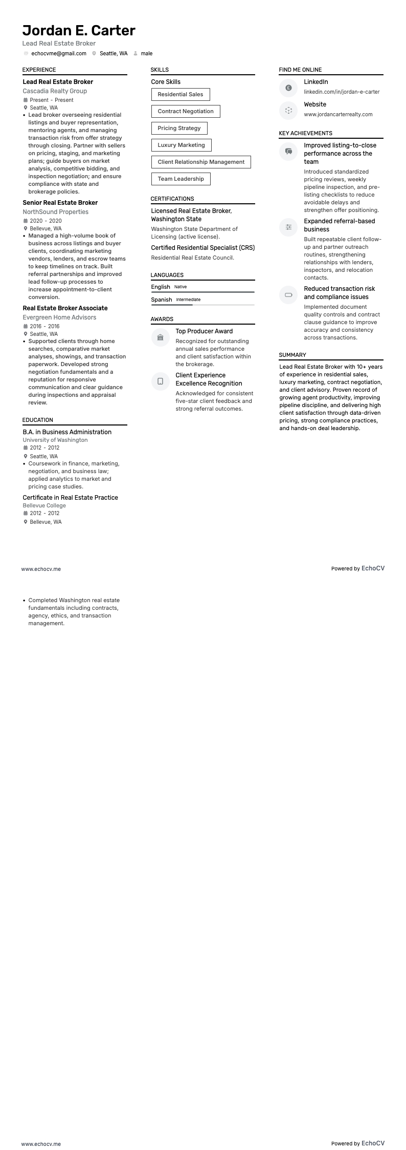 Corredor inmobiliario resume example