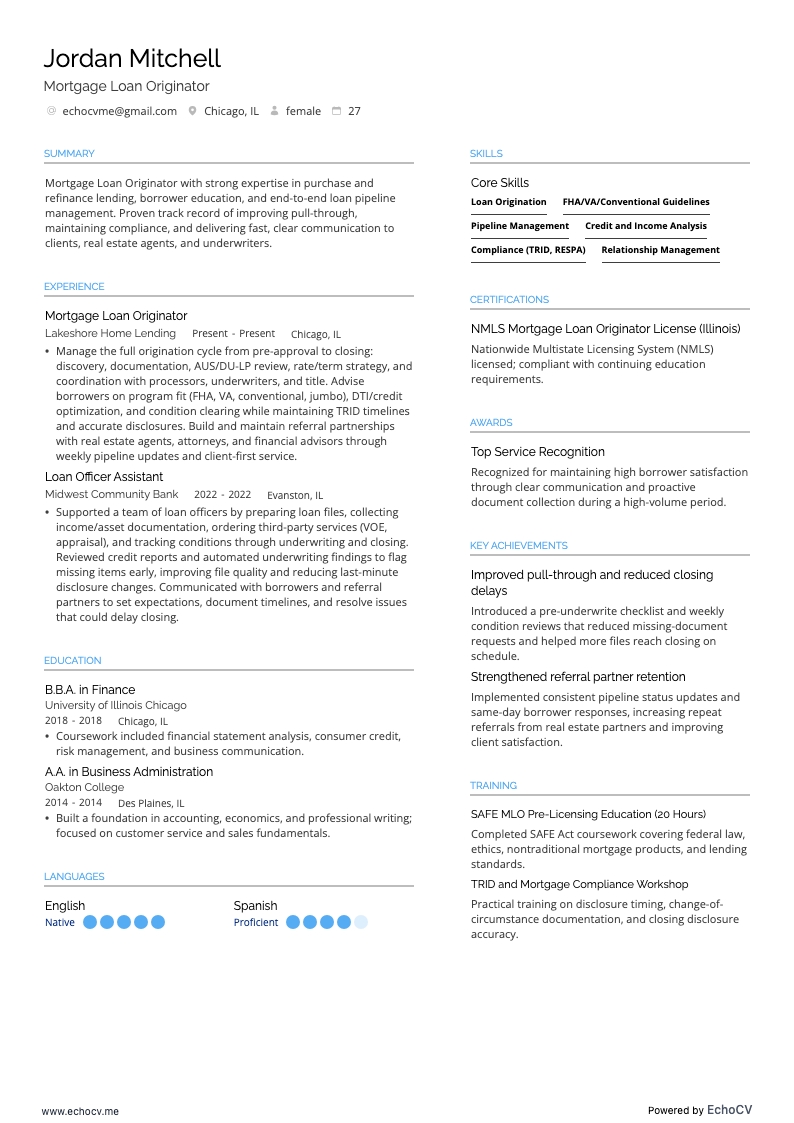 모기지 브로커 resume example