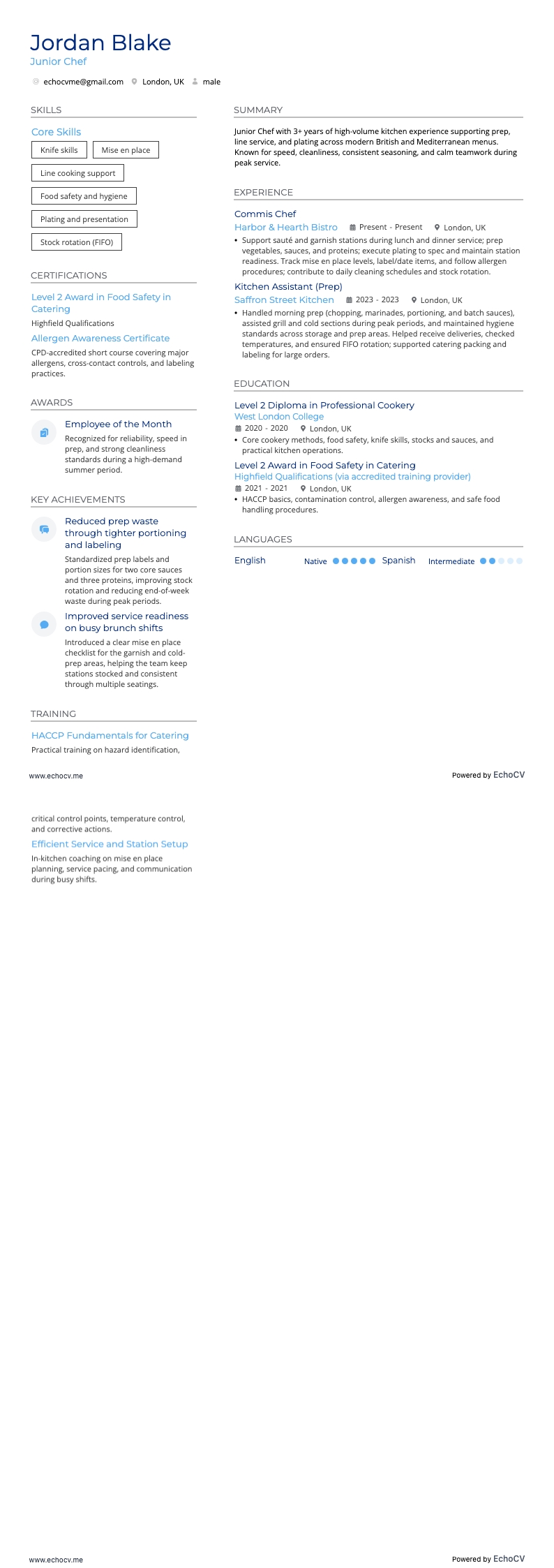 ジュニアシェフ example resume